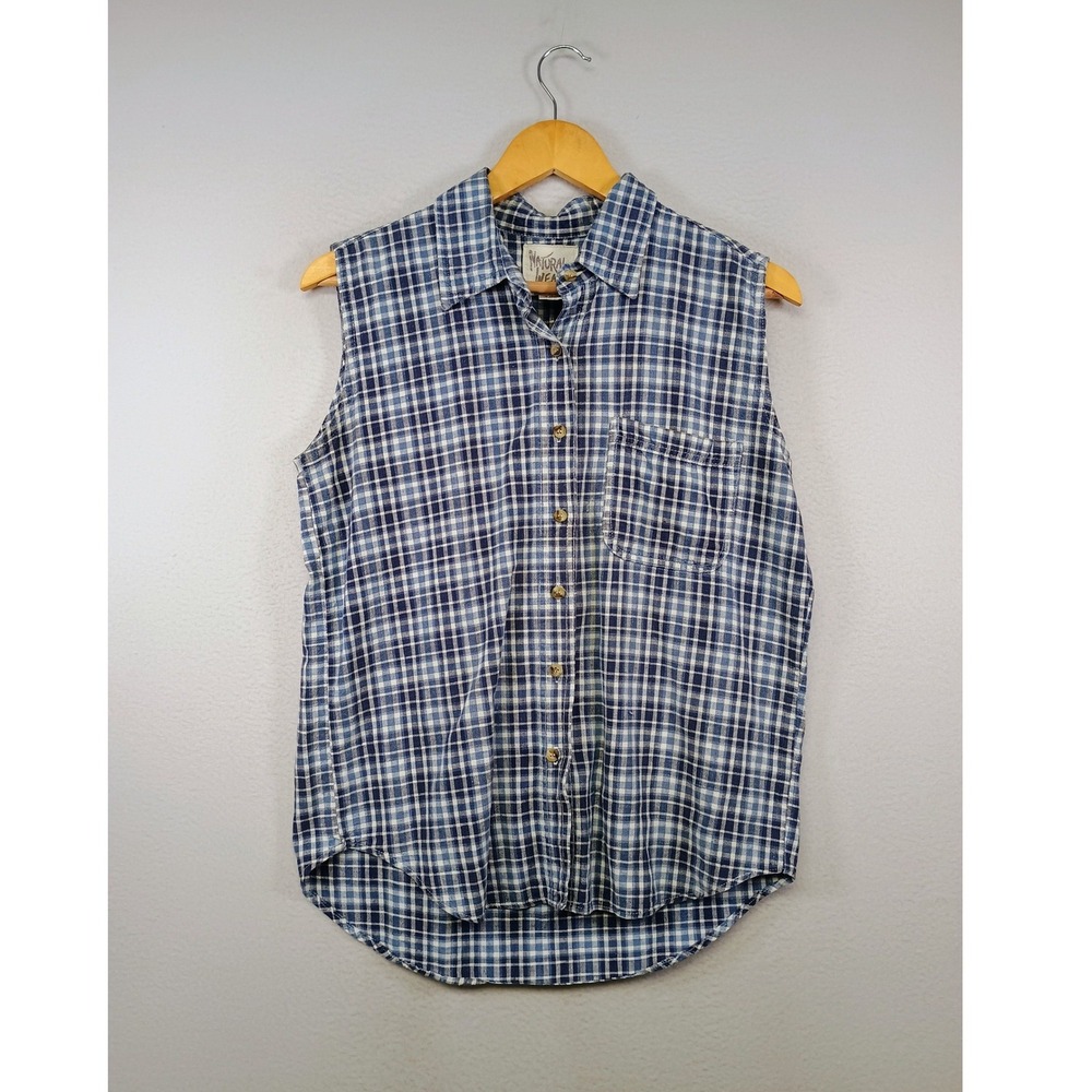 Coastal Cottagecore Natural Wear Womens Large Blue Plaid Linen Cotton Sleeveless
